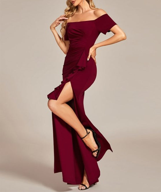 Burgundy Off Shoulder Split Ruched Wholesale Prom Dresses