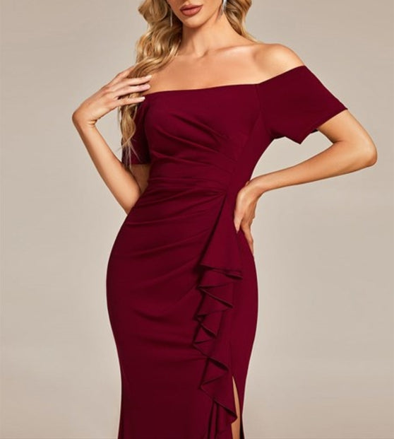 Burgundy Off Shoulder Split Ruched Wholesale Prom Dresses