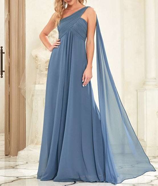 Dusty Navy Ruffles Long Prom Dresses For Wholesale One Shoulder Pretty Chiffon