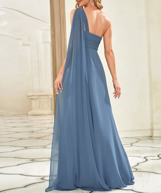 Dusty Navy Ruffles Long Prom Dresses For Wholesale One Shoulder Pretty Chiffon