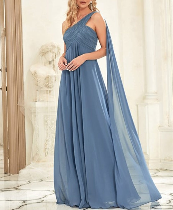 Dusty Navy Ruffles Long Prom Dresses For Wholesale One Shoulder Pretty Chiffon