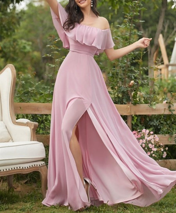 Mauve Off Shoulder Ruffle Thigh Split Wholesale Prom Dresses For Women