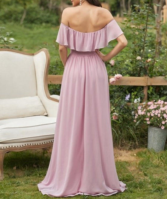 Mauve Off Shoulder Ruffle Thigh Split Wholesale Prom Dresses For Women