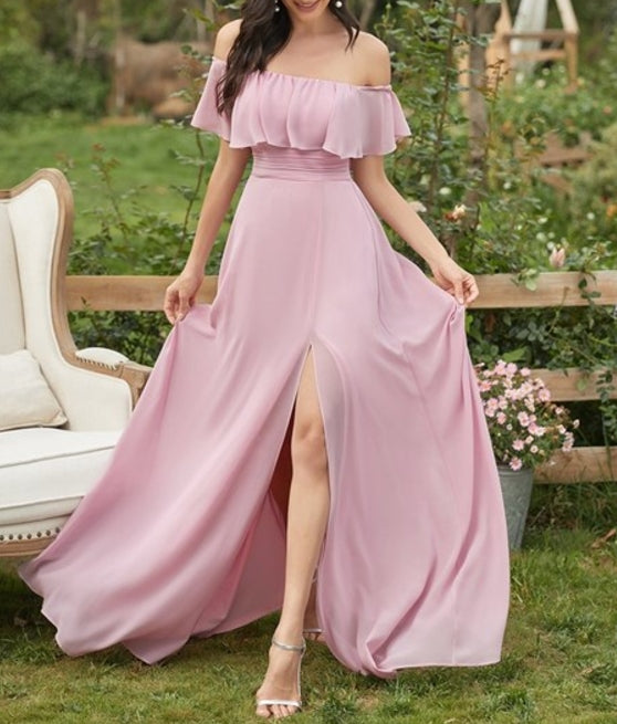 Mauve Off Shoulder Ruffle Thigh Split Wholesale Prom Dresses For Women