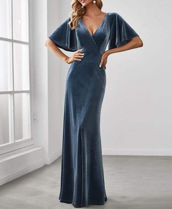 Dusty Navy Wholesale Prom Dresses For Women Elegant Double V Neck Velvet