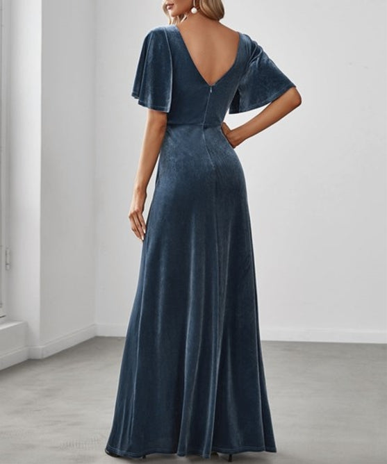 Dusty Navy Wholesale Prom Dresses For Women Elegant Double V Neck Velvet