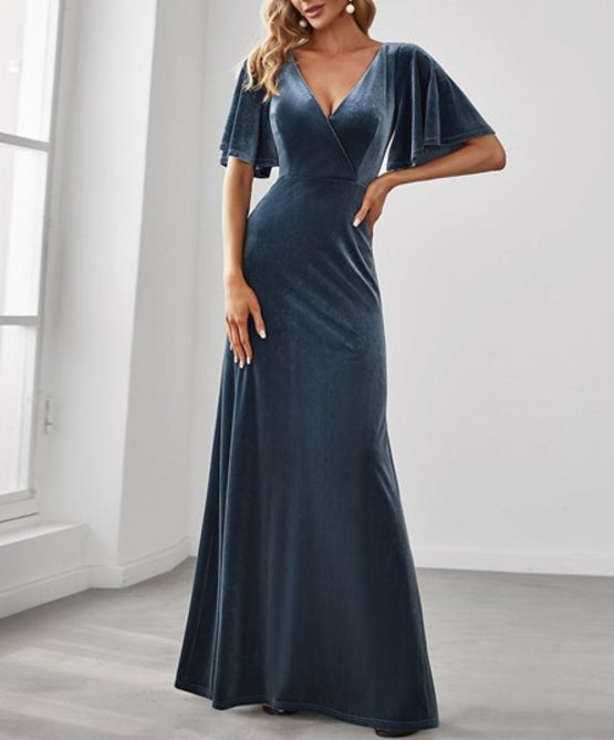Dusty Navy Wholesale Prom Dresses For Women Elegant Double V Neck Velvet