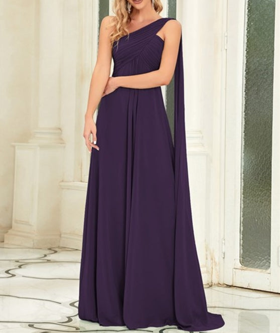 Dark Purple Ruffles Long Prom Dresses For Wholesale One Shoulder Chiffon