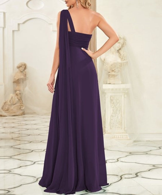 Dark Purple Ruffles Long Prom Dresses For Wholesale One Shoulder Chiffon
