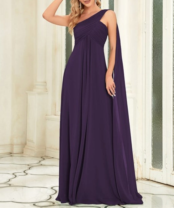 Dark Purple Ruffles Long Prom Dresses For Wholesale One Shoulder Chiffon
