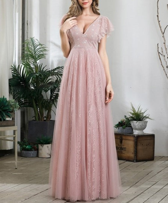 Pink Double V-Neck Floor Length Prom Dresses With Short Sleeve