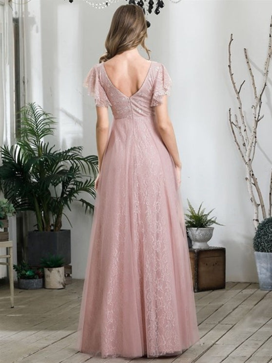 Pink Double V-Neck Floor Length Prom Dresses With Short Sleeve