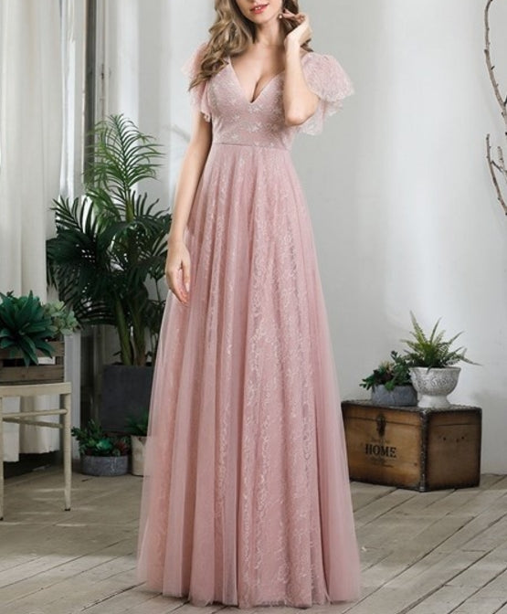 Pink Double V-Neck Floor Length Prom Dresses With Short Sleeve
