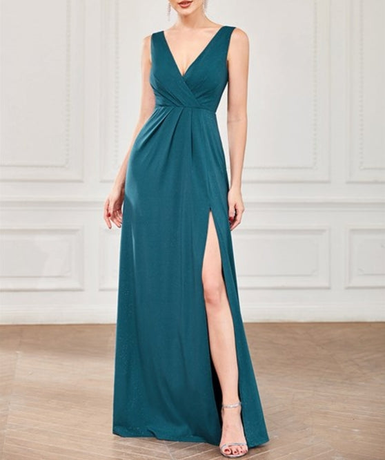 Teal Floor Length V Neck Shimmery Wholesale Prom Dresses With Side Split