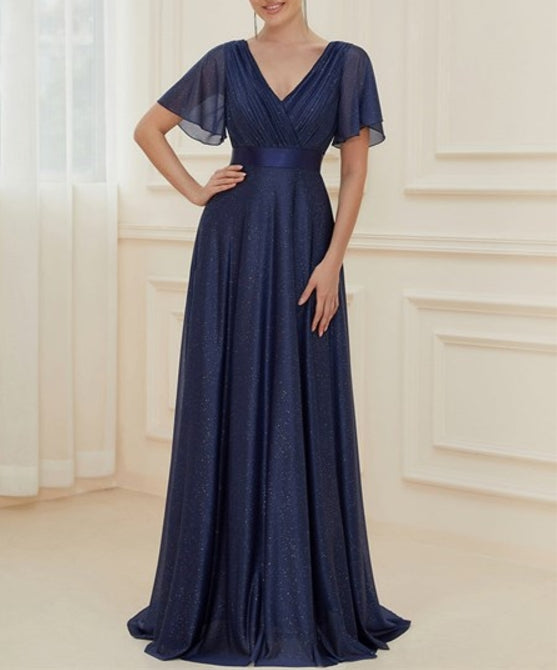 Navy Blue Deep V Neck Ruffles Sleeve A Line Wholesale Prom Dresses