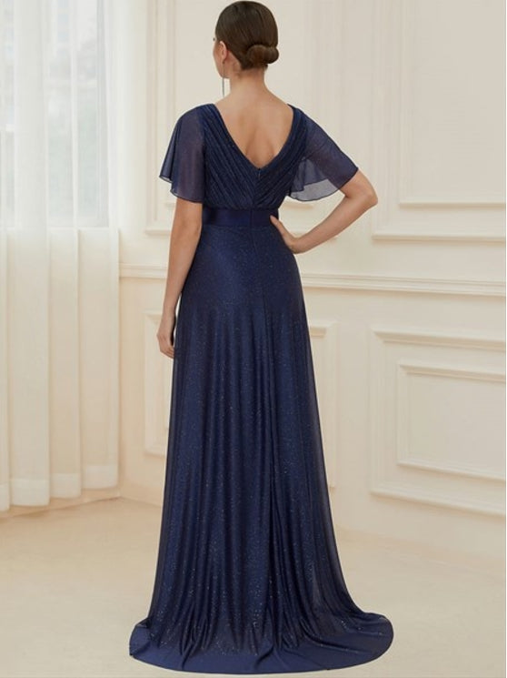 Navy Blue Deep V Neck Ruffles Sleeve A Line Wholesale Prom Dresses