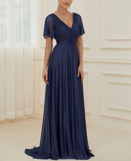 Navy Blue Deep V Neck Ruffles Sleeve A Line Wholesale Prom Dresses