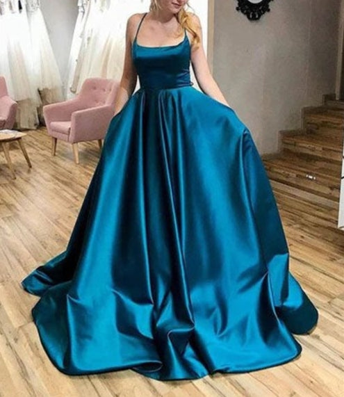 Ball Gown Long Backless Prom Dresses With Criss-Cross Straps