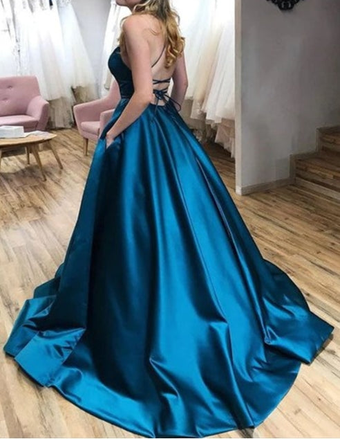 Ball Gown Long Backless Prom Dresses With Criss-Cross Straps