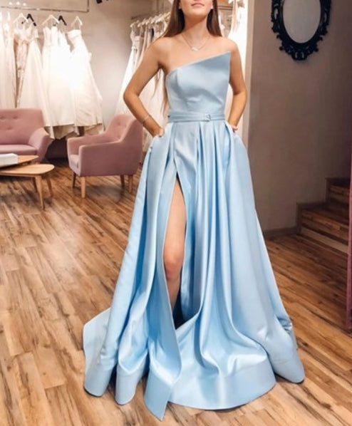 Light Blue A-Line Satin One Shoulder Long Split Front Prom Dresses