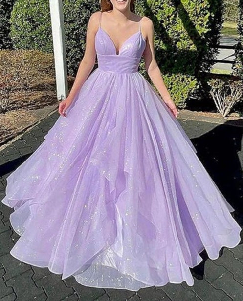 Lilac Deep V-Neck Backless Long Prom Dresses With Criss-Cross Straps
