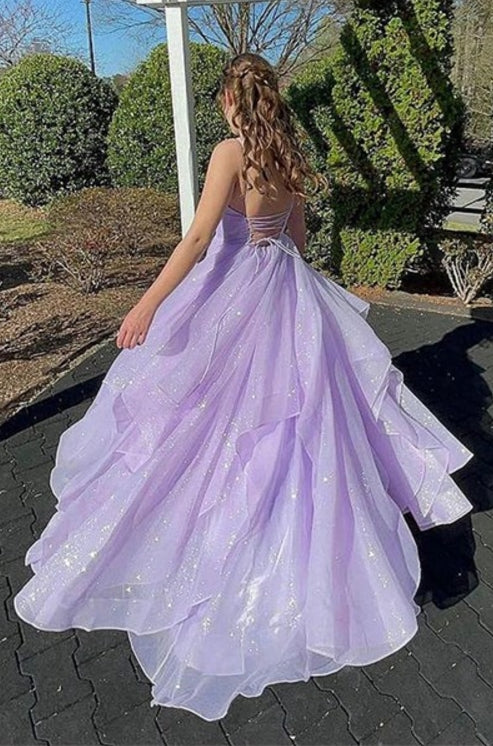 Lilac Deep V-Neck Backless Long Prom Dresses With Criss-Cross Straps