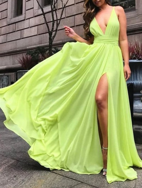 Apple Green Deep V-Neck A-Line Chiffon Split Front Prom Dresses