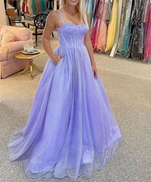 Lavender A-Line Spaghetti Straps Long Corset Bodice Prom Dresses