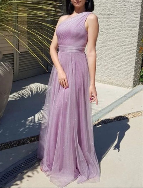 Purple One Shoulder Ruched Bodice Long Tulle Prom Fromal Dresses