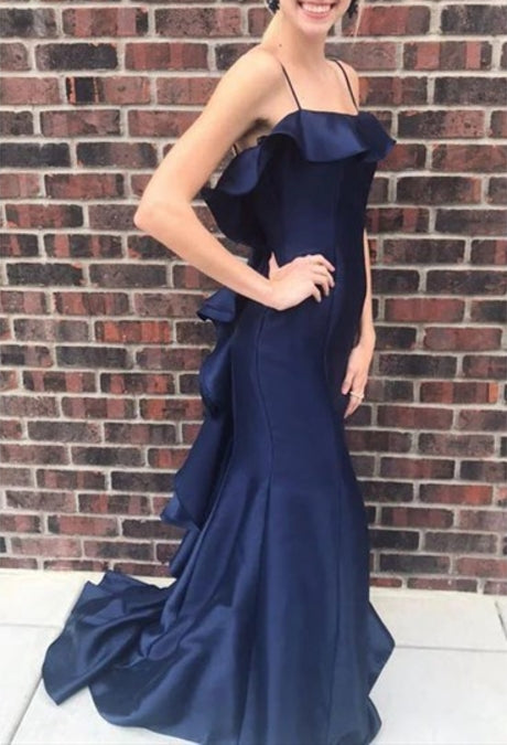 Navy Blue Spaghetti Straps Ruffle Back Mermaid Prom Dresses
