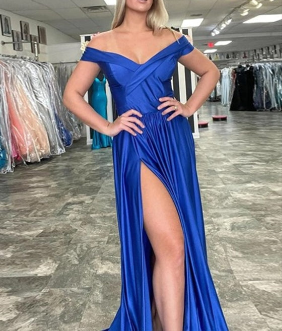 Royal Blue Sheath Long Off The Shoulder Split Front Prom Dresses