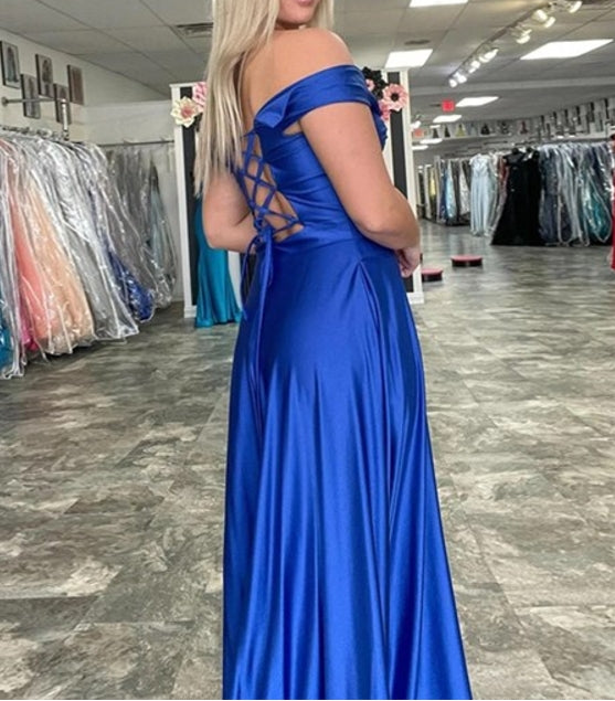 Royal Blue Sheath Long Off The Shoulder Split Front Prom Dresses