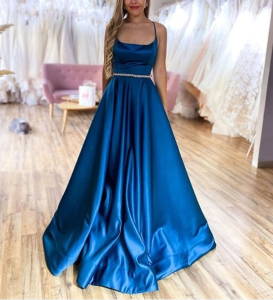 Royal Blue A-Line Long Open Back Prom Dresses With Criss-Cross Straps