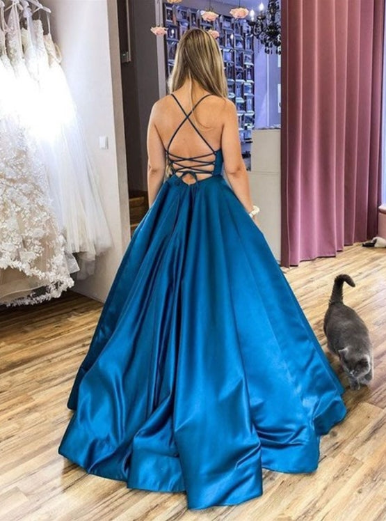 Royal Blue A-Line Long Open Back Prom Dresses With Criss-Cross Straps