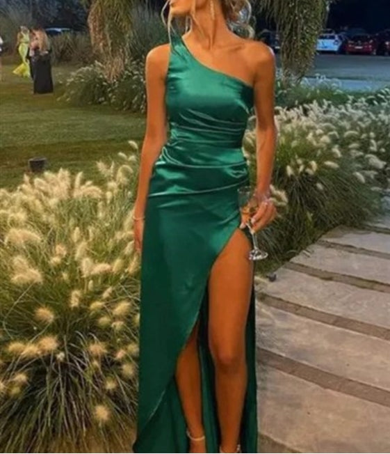 Dark Green Sheath/Column Ruched One Shoulder Split Front Prom Dresses