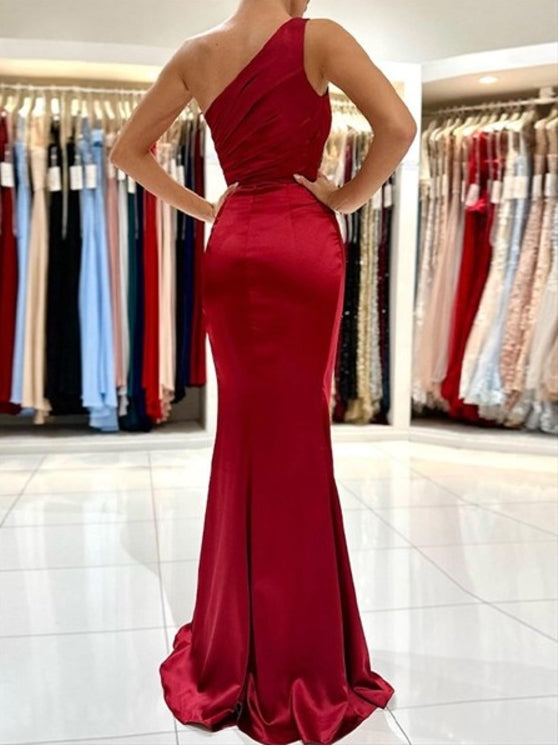Burgundy Sheath/Column Ruched One Shoulder Sleeveless Prom Dresses