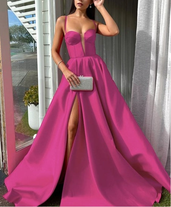 Hot Pink A-Line Spaghetti Straps Prom Dresses With Strappy Corset Back