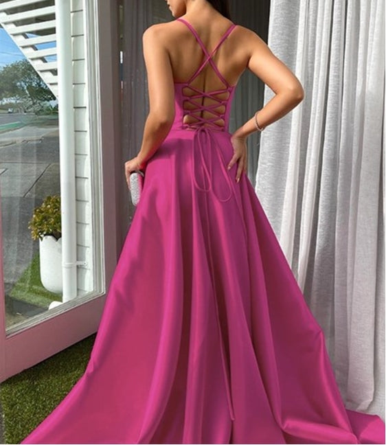 Hot Pink A-Line Spaghetti Straps Prom Dresses With Strappy Corset Back