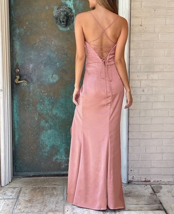 Pink Sheath/Column Ruched Prom Dresses With Criss-Cross Straps