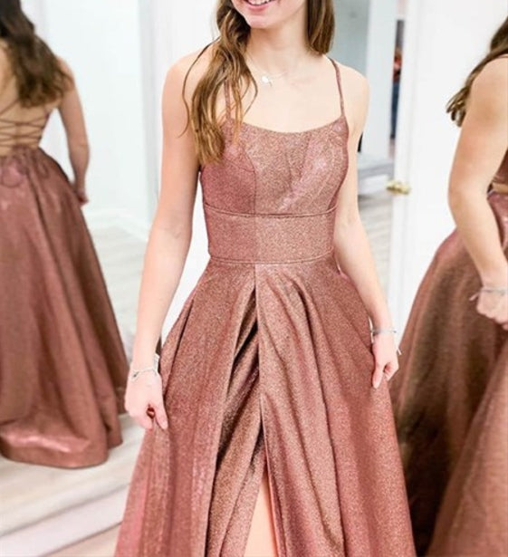 A-Line Spaghetti Straps Prom Dresses With Slits And Open Back