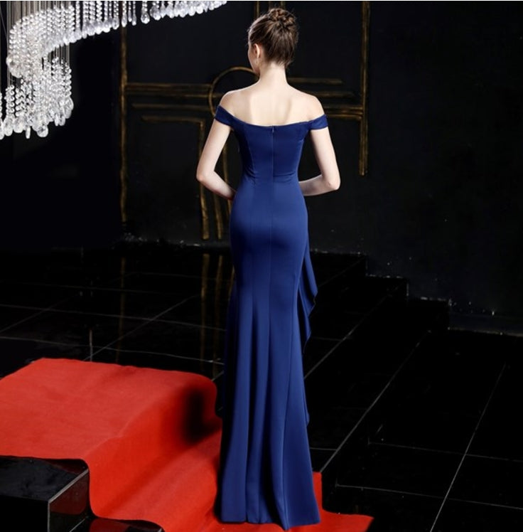 Royal Blue Off The Shoulder Split Front Prom Dresses With Cascading Ruffles
