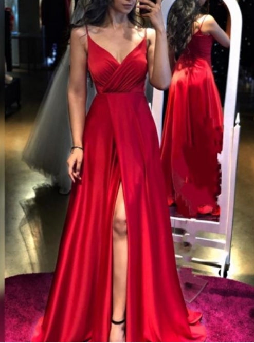 Red A-Line Spaghetti Straps V-Neck Ruched Prom Dresses With Side Split
