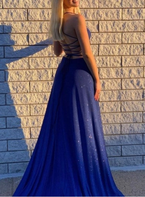 Navy Blue Sequin V-Neck Evening Dresses With Criss-Cross Straps