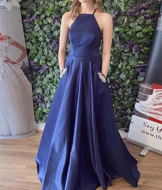 Navy Blue A-Line High Neck Criss-Cross Straps Backless Prom Dresses