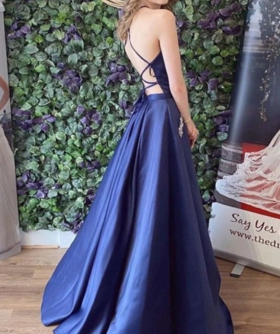 Navy Blue A-Line High Neck Criss-Cross Straps Backless Prom Dresses