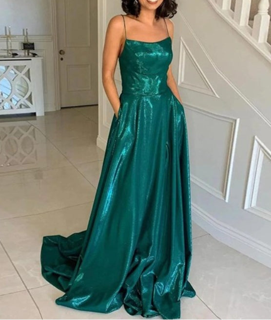 Teal A-Line/Princess Long Spaghetti Straps Backless Prom Dresses