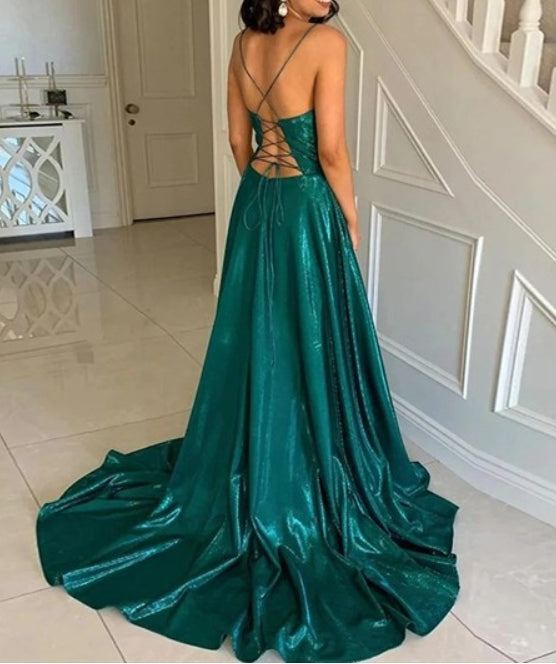 Teal A-Line/Princess Long Spaghetti Straps Backless Prom Dresses