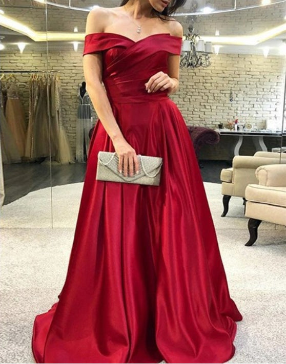 Burgundy A-Line/Princess Satin Ruched Off The Shoulder Prom Dresses
