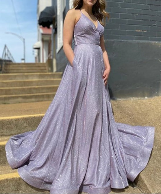 Lavender A-Line/Princess V-Neck Spaghetti Straps Prom Dresses