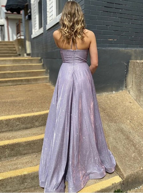 Lavender A-Line/Princess V-Neck Spaghetti Straps Prom Dresses